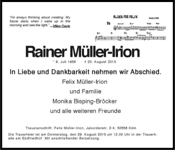 Anzeige von Rainer Müller-Irion von Kölner Stadt-Anzeiger / Kölnische Rundschau / Express