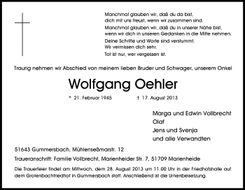 Anzeige von Wolfgang Oehler von Kölner Stadt-Anzeiger / Kölnische Rundschau / Express