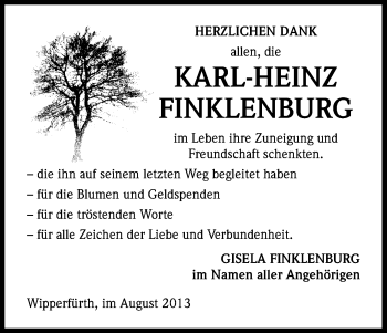 Anzeige von Karl-Heinz Finklenburg von Kölner Stadt-Anzeiger / Kölnische Rundschau / Express