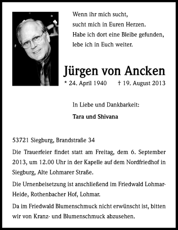 Anzeige von Jürgen von Ancken von Kölner Stadt-Anzeiger / Kölnische Rundschau / Express