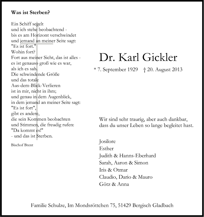  Traueranzeige für Karl Gickler vom 24.08.2013 aus Kölner Stadt-Anzeiger / Kölnische Rundschau / Express