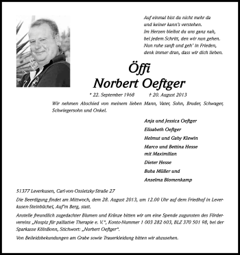 Anzeige von Norbert Oeftger von Kölner Stadt-Anzeiger / Kölnische Rundschau / Express