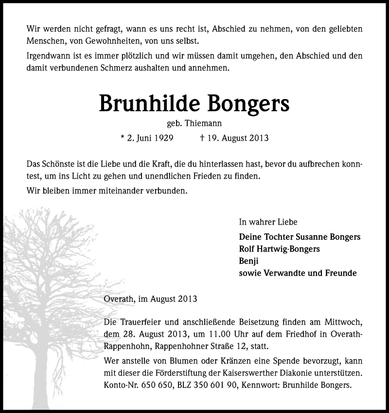  Traueranzeige für Brunhilde Bongers vom 24.08.2013 aus Kölner Stadt-Anzeiger / Kölnische Rundschau / Express