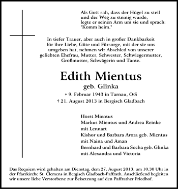 Anzeige von Edith Mientus von Kölner Stadt-Anzeiger / Kölnische Rundschau / Express