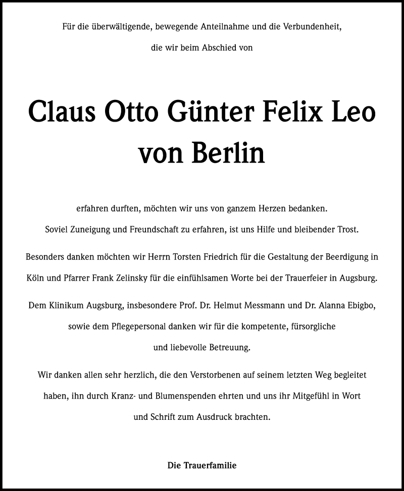  Traueranzeige für Claus Otto Günter Felix Leo von Berlin vom 31.08.2013 aus Kölner Stadt-Anzeiger / Kölnische Rundschau / Express