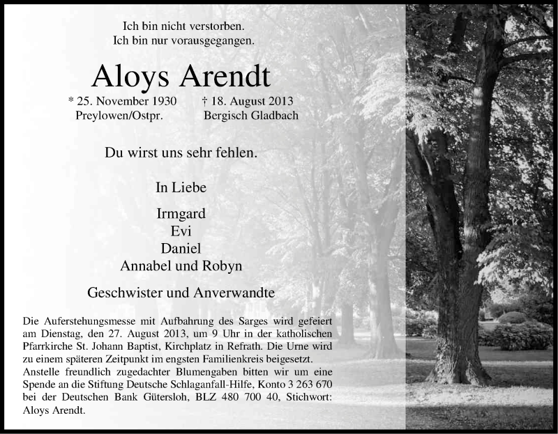  Traueranzeige für Aloys Arendt vom 24.08.2013 aus Kölner Stadt-Anzeiger / Kölnische Rundschau / Express