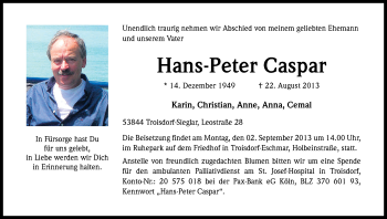 Anzeige von Hans-Peter Caspar von Kölner Stadt-Anzeiger / Kölnische Rundschau / Express