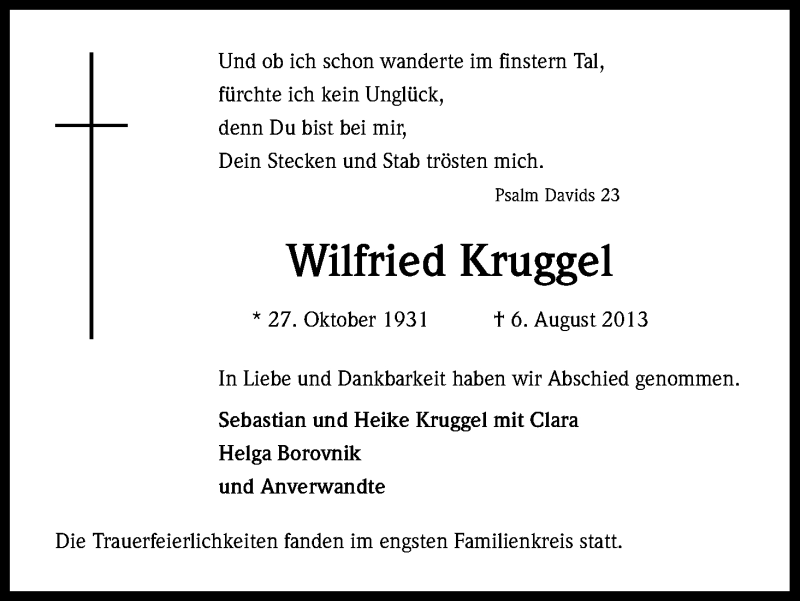  Traueranzeige für Wilfried Kruggel vom 24.08.2013 aus Kölner Stadt-Anzeiger / Kölnische Rundschau / Express