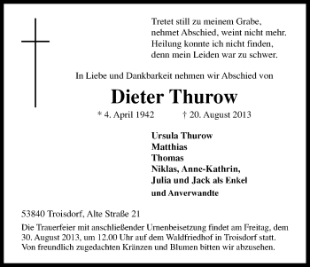 Anzeige von Dieter Thurow von Kölner Stadt-Anzeiger / Kölnische Rundschau / Express