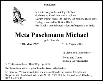 Anzeige von Meta Puschmann Michael von Kölner Stadt-Anzeiger / Kölnische Rundschau / Express