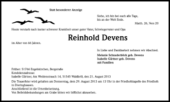 Anzeige von Reinhold Devens von Kölner Stadt-Anzeiger / Kölnische Rundschau / Express