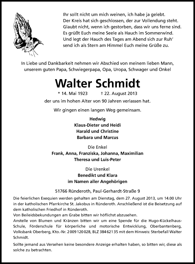  Traueranzeige für Walter Schmidt vom 24.08.2013 aus Kölner Stadt-Anzeiger / Kölnische Rundschau / Express