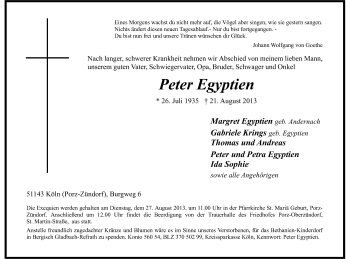 Anzeige von Peter Egyptien von Kölner Stadt-Anzeiger / Kölnische Rundschau / Express