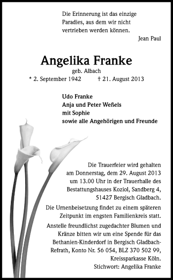 Anzeige von Angelika Franke von Kölner Stadt-Anzeiger / Kölnische Rundschau / Express