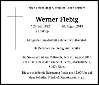 Anzeige von Werner Fiebig von Kölner Stadt-Anzeiger / Kölnische Rundschau / Express