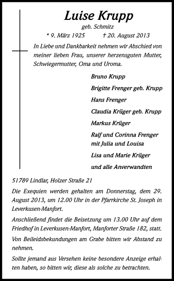 Anzeige von Luise Krupp von Kölner Stadt-Anzeiger / Kölnische Rundschau / Express