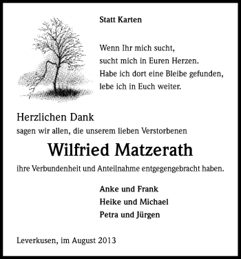 Anzeige von Wilfried Matzerath von Kölner Stadt-Anzeiger / Kölnische Rundschau / Express