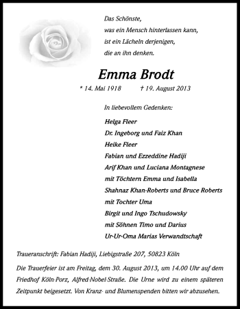 Anzeige von Emma Brodt von Kölner Stadt-Anzeiger / Kölnische Rundschau / Express