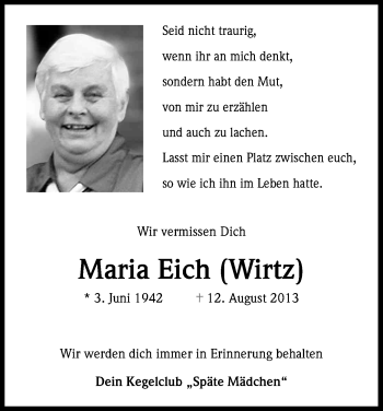 Anzeige von Maria Eich von Kölner Stadt-Anzeiger / Kölnische Rundschau / Express