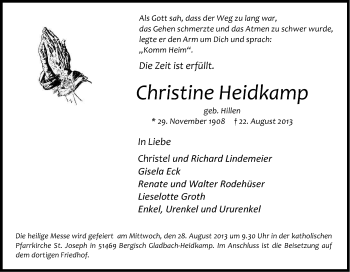Anzeige von Christine Heidkamp von Kölner Stadt-Anzeiger / Kölnische Rundschau / Express