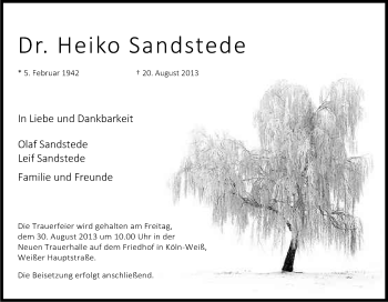 Anzeige von Heiko Sandstede von Kölner Stadt-Anzeiger / Kölnische Rundschau / Express