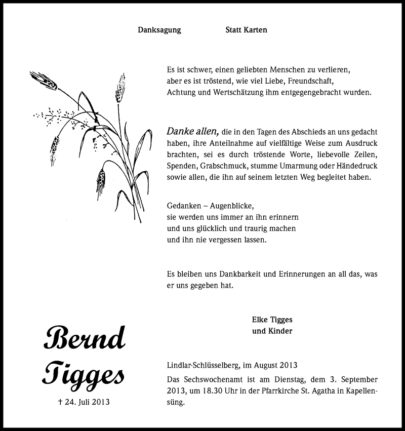  Traueranzeige für Bernd Tigges vom 24.08.2013 aus Kölner Stadt-Anzeiger / Kölnische Rundschau / Express