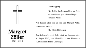 Anzeige von Margret Zöller von Kölner Stadt-Anzeiger / Kölnische Rundschau / Express