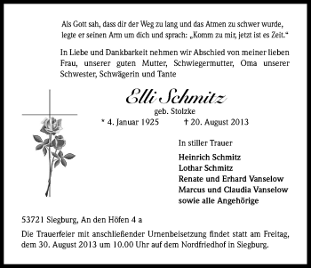 Anzeige von Elli Schmitz von Kölner Stadt-Anzeiger / Kölnische Rundschau / Express