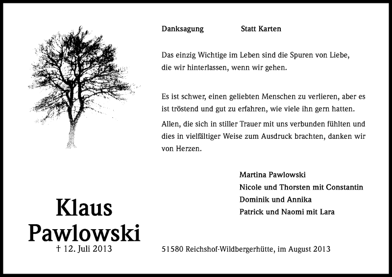  Traueranzeige für Klaus Pawlowski vom 24.08.2013 aus Kölner Stadt-Anzeiger / Kölnische Rundschau / Express