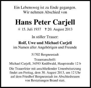 Anzeige von Hans-Peter Carjell von Kölner Stadt-Anzeiger / Kölnische Rundschau / Express