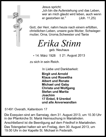 Anzeige von Erika Stinn von Kölner Stadt-Anzeiger / Kölnische Rundschau / Express