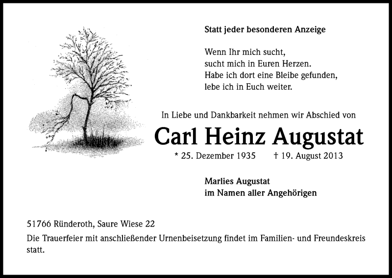  Traueranzeige für Carl Heinz Augustat vom 27.08.2013 aus Kölner Stadt-Anzeiger / Kölnische Rundschau / Express