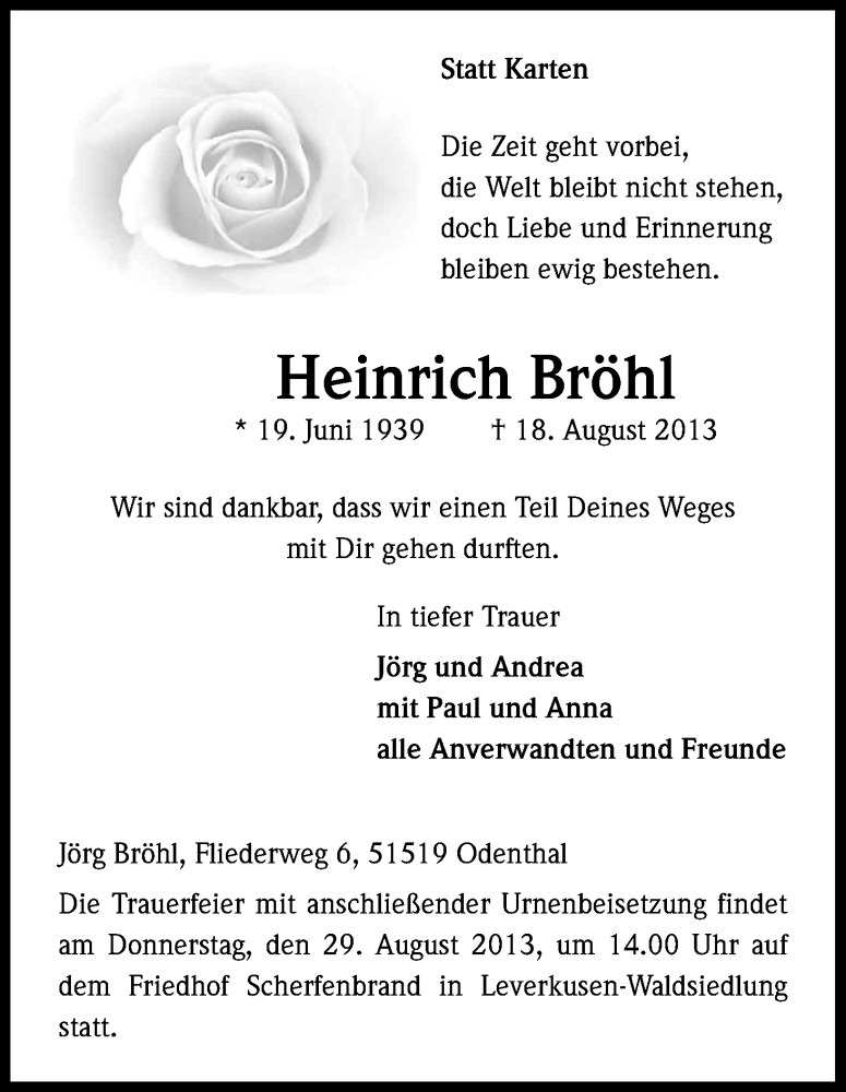  Traueranzeige für Heinrich Bröhl vom 24.08.2013 aus Kölner Stadt-Anzeiger / Kölnische Rundschau / Express