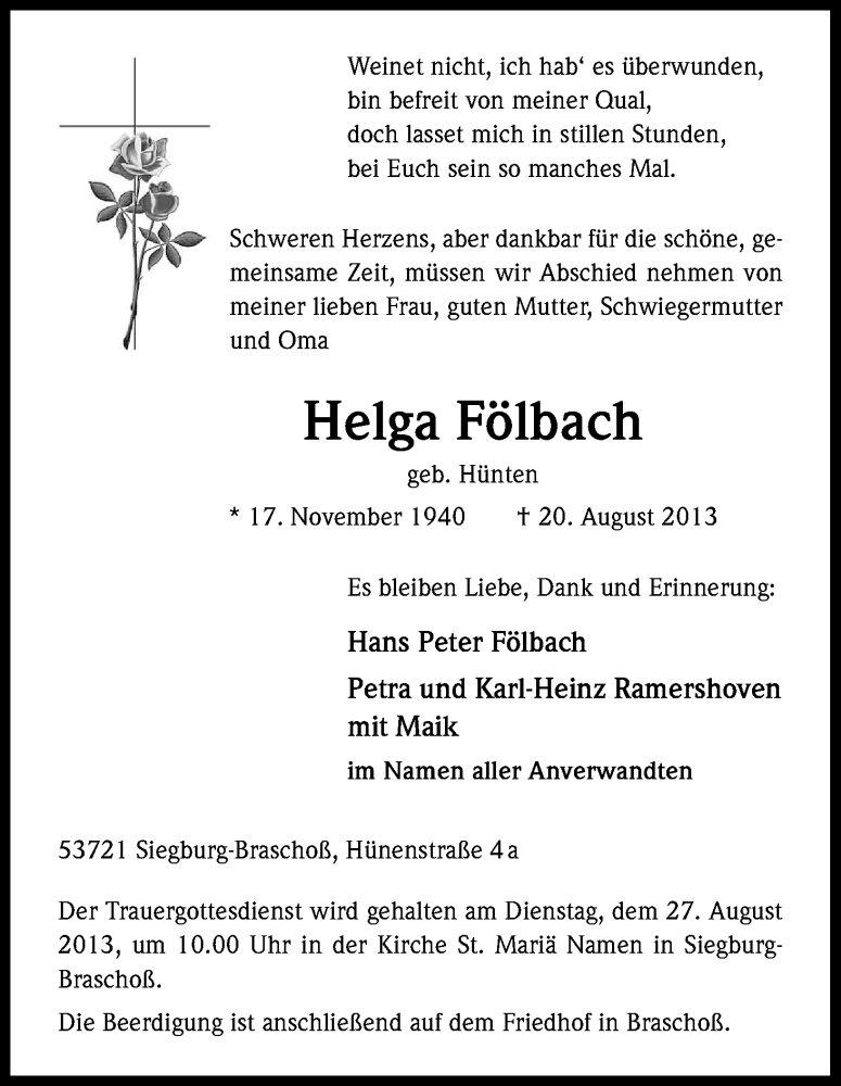  Traueranzeige für Helga Fölbach vom 24.08.2013 aus Kölner Stadt-Anzeiger / Kölnische Rundschau / Express