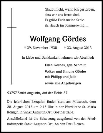 Anzeige von Wolfgang Gördes von Kölner Stadt-Anzeiger / Kölnische Rundschau / Express