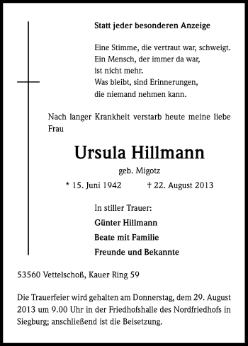 Anzeige von Ursula Hillmann von Kölner Stadt-Anzeiger / Kölnische Rundschau / Express