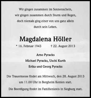Anzeige von Magdalena Höller von Kölner Stadt-Anzeiger / Kölnische Rundschau / Express