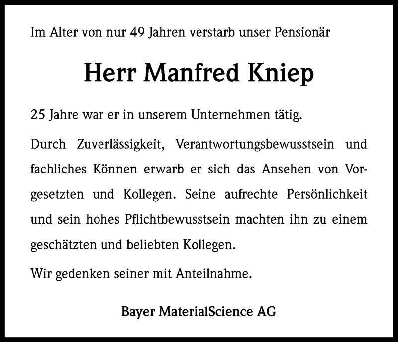  Traueranzeige für Manfred Kniep vom 24.08.2013 aus Kölner Stadt-Anzeiger / Kölnische Rundschau / Express