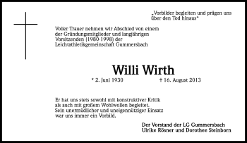 Anzeige von Willi Wirth von Kölner Stadt-Anzeiger / Kölnische Rundschau / Express