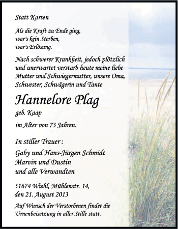 Anzeige von Hannelore Plag von Kölner Stadt-Anzeiger / Kölnische Rundschau / Express