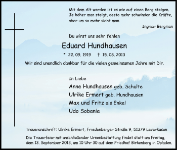 Anzeige von Eduard Hundhausen von Kölner Stadt-Anzeiger / Kölnische Rundschau / Express