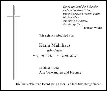 Anzeige von Karin Mülhaus von Kölner Stadt-Anzeiger / Kölnische Rundschau / Express