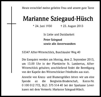 Anzeige von Marianne Sziegaud-Hüsch von Kölner Stadt-Anzeiger / Kölnische Rundschau / Express