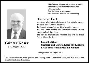 Anzeige von Günter Köser von Kölner Stadt-Anzeiger / Kölnische Rundschau / Express