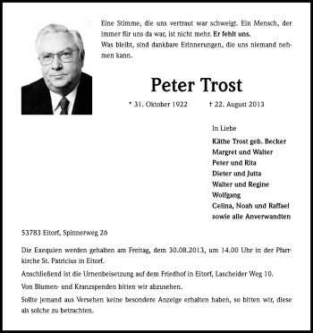 Anzeige von Peter Trost von Kölner Stadt-Anzeiger / Kölnische Rundschau / Express