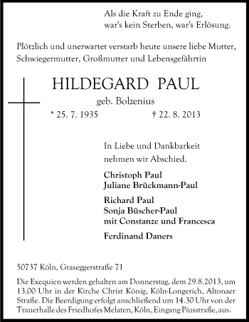Anzeige von Hildegard Paul von Kölner Stadt-Anzeiger / Kölnische Rundschau / Express