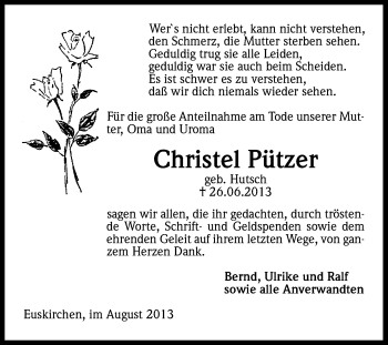 Anzeige von Christel Pützer von Kölner Stadt-Anzeiger / Kölnische Rundschau / Express