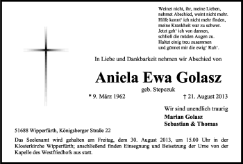 Anzeige von Aniela Ewa Golasz von Kölner Stadt-Anzeiger / Kölnische Rundschau / Express