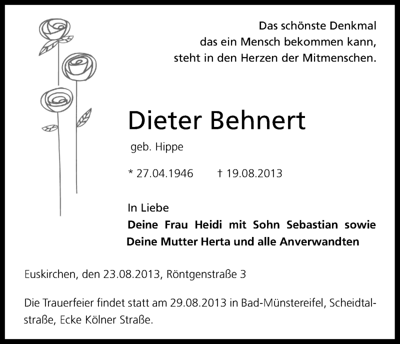  Traueranzeige für Dieter Behnert vom 26.08.2013 aus Kölner Stadt-Anzeiger / Kölnische Rundschau / Express