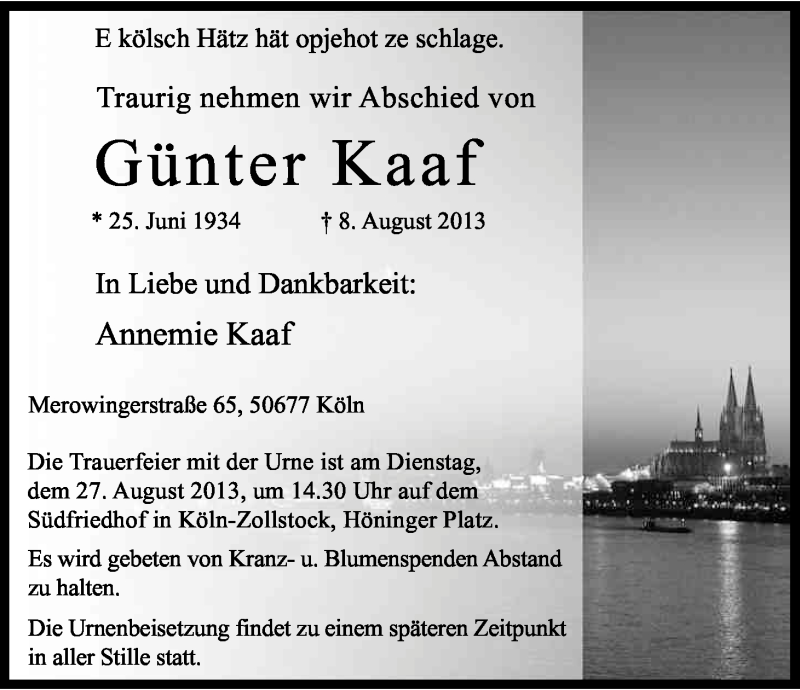  Traueranzeige für Günter Kaaf vom 26.08.2013 aus Kölner Stadt-Anzeiger / Kölnische Rundschau / Express